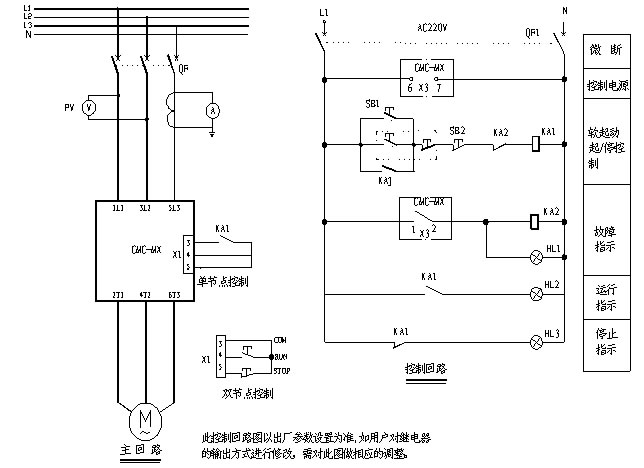 CMC-MX内置旁路软起动器基本接线原理图、三角形内接连接图和典型应用接线图(图3)